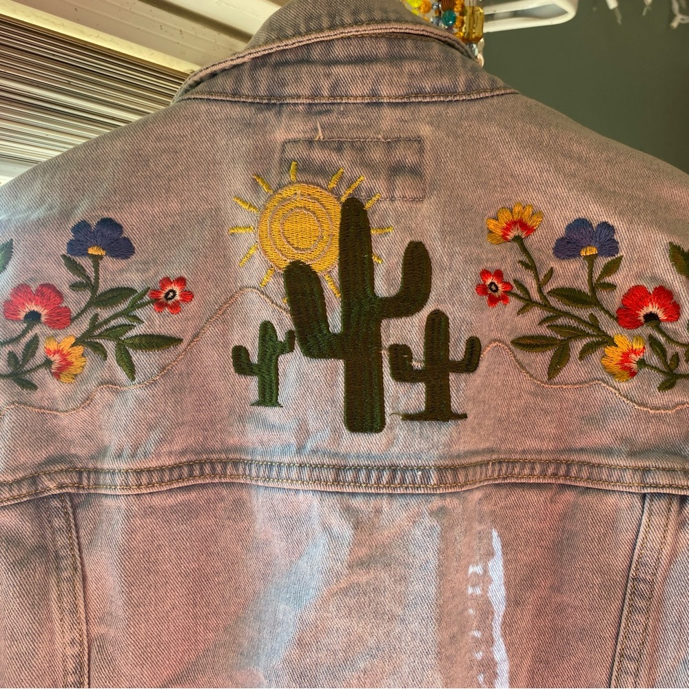 Forever 21 Light Blue Denim Jacket with Cactus Embroidery